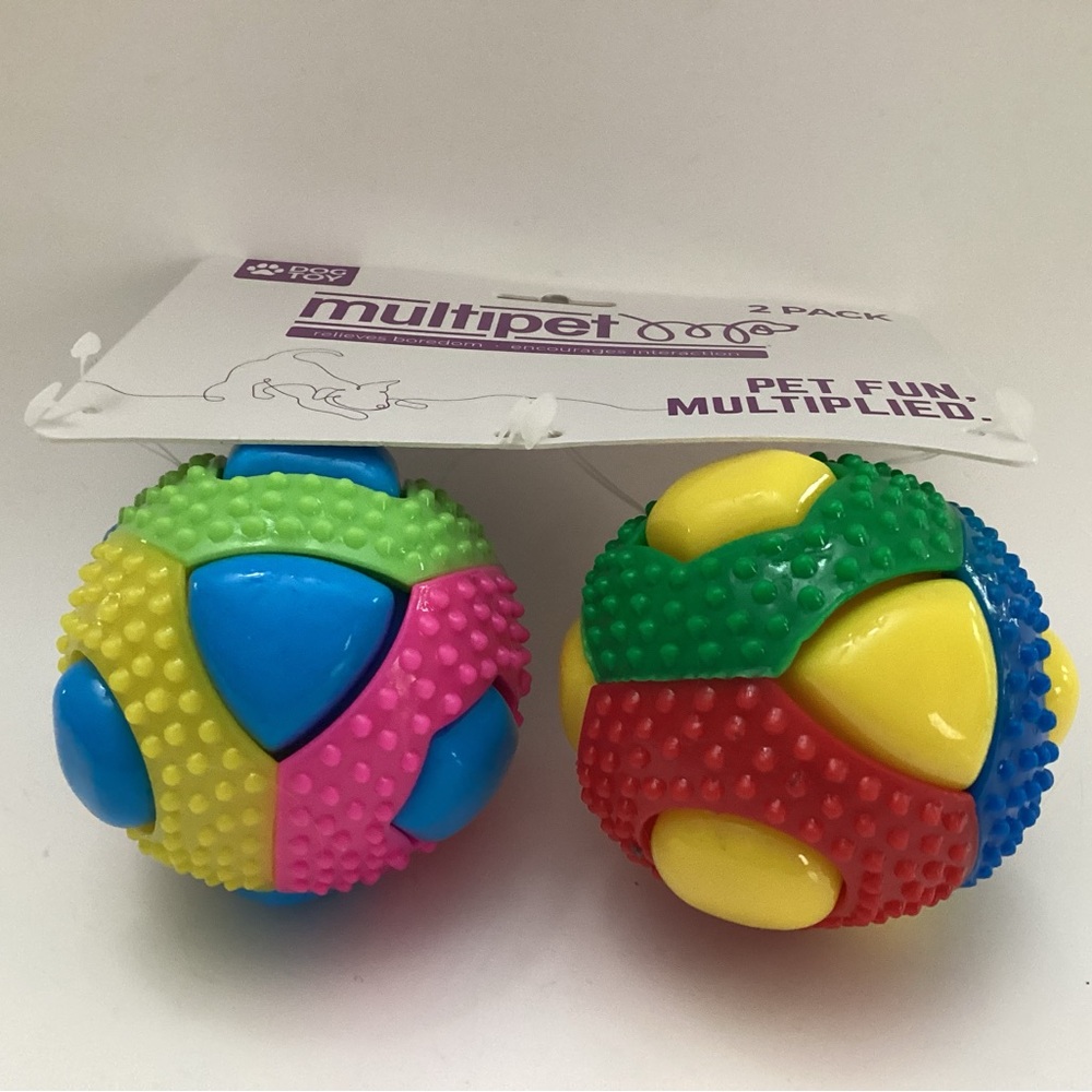 Multipet Set Of Two Multicolor Ruff Enuff Ball Dog Toy Squeaks Strength Texture